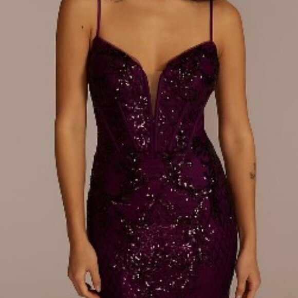DB Studio Purple Short Mini Allover Sequin Illusion Plunge Dress Sz 10 - Picture 3 of 15